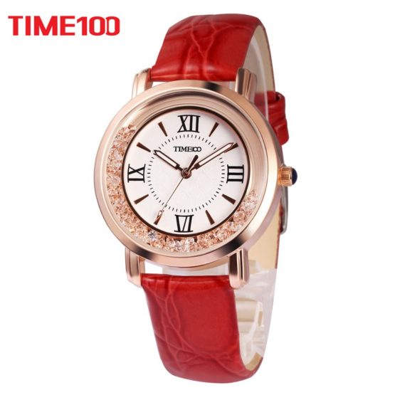 TIME100 Women Watches Rhinestone red Leather Strap Ladies Quartz Wrist