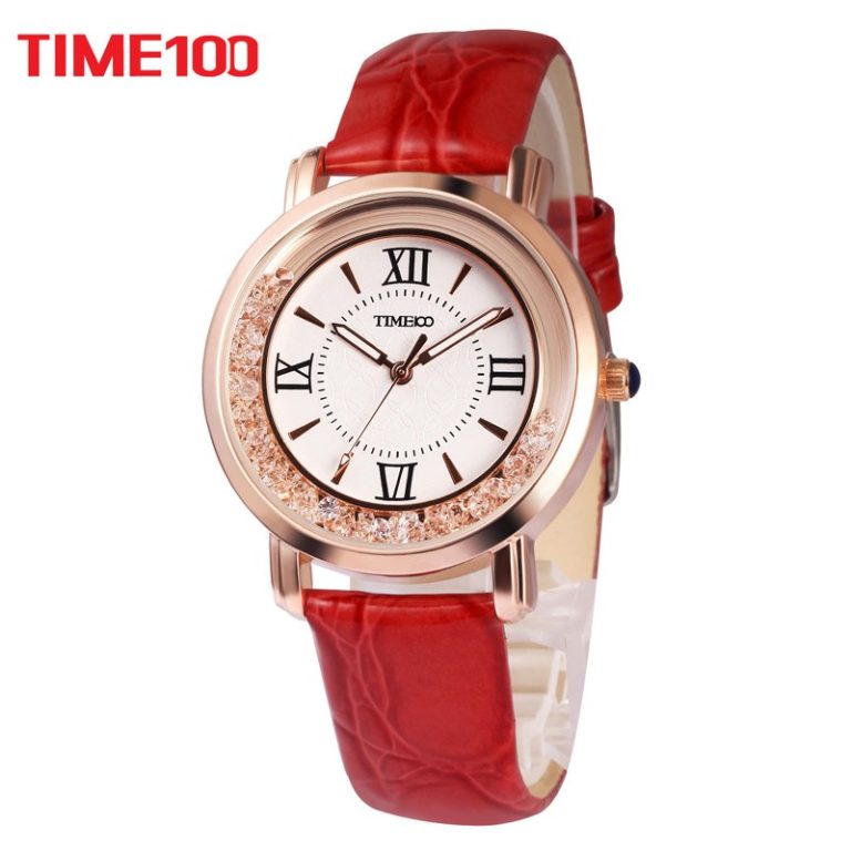 TIME100 Women Watches Rhinestone red Leather Strap Ladies Quartz Wrist Watche Roman Numeral Big Dial For Women relogio feminino TIME100 Women Watches Rhinestone red Leather Strap Ladies Quartz Wrist