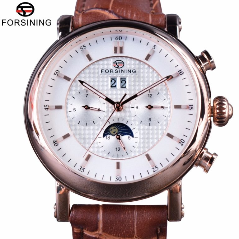 Forsining Luxury Rose Golden Series Moon Phase Calendar Design Clock