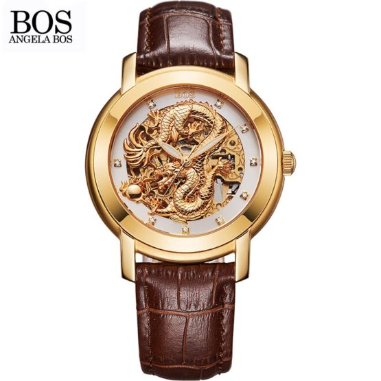 ANGELA BOS Chinese Dragon 3D Carving Gold Skeleton Automatic Mechanical Watch