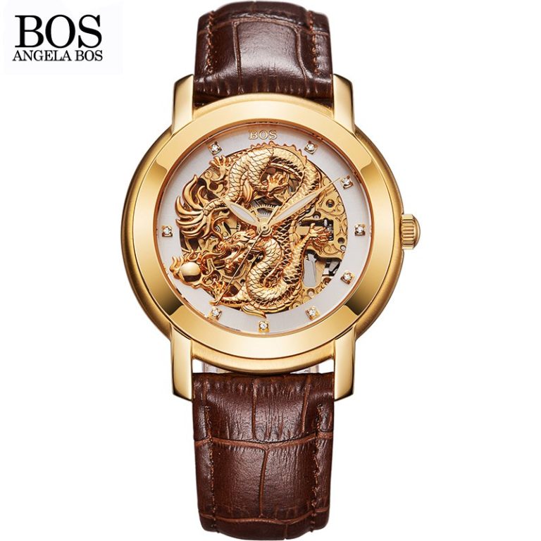 ANGELA BOS Chinese Dragon 3D Carving Gold Skeleton Automatic Mechanical Watch Mens Luxury Watch Men Famous Brand Wrist Watches ANGELA BOS Chinese Dragon 3D Carving Gold Skeleton Automatic Mechanical Watch