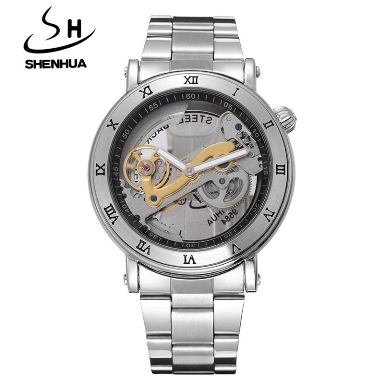 SHENHUA Luxury Gold Flywheel Automatic Mechanical Skeleton Watch