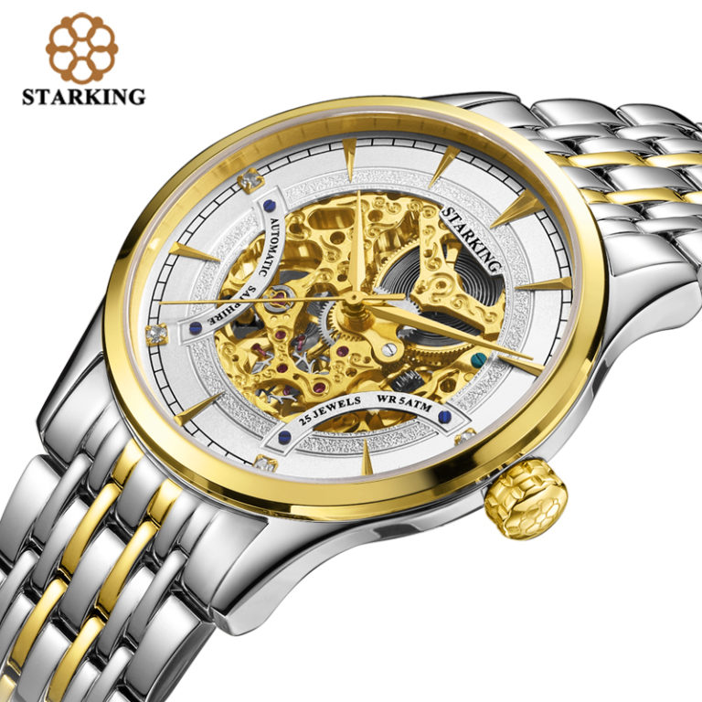 StarKing Luxury Golden Skeleton Automatic Watches Unisex Women And Men Couple Clock Stainless Steel Lover's Wrist Watch AM/L0185 2 StarKing Luxury Golden Skeleton Automatic Watches Unisex Women