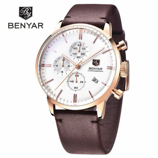 Benyar Luxury Brand Military Watches Men Quartz Chronograph Leather