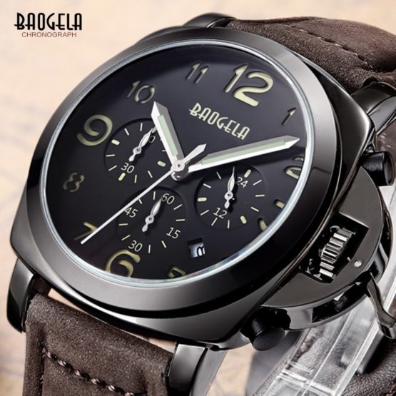 Baogela Mens Brown Leather Strap Chronograph Luminous 24 Hours Date Watches