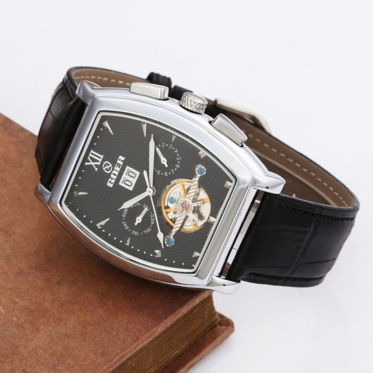 GOER Tourbillon Mechanical Watches PU Leather Strap Automatic Mechanical