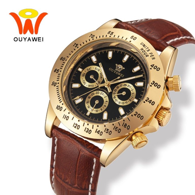 Male Leather Luxury Gold Automatic Watch Men With Auto Date OUYAWEI Mechanical Wrist watches for Fashion Man horloges mannen Male Leather Luxury Gold Automatic Watch Men With Auto Date