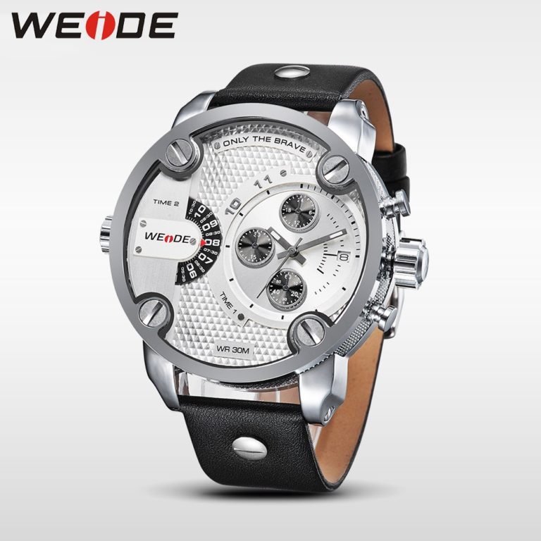 WEIDE Men Watches Fashion Casual Genuine Leather Strap Big Dial White