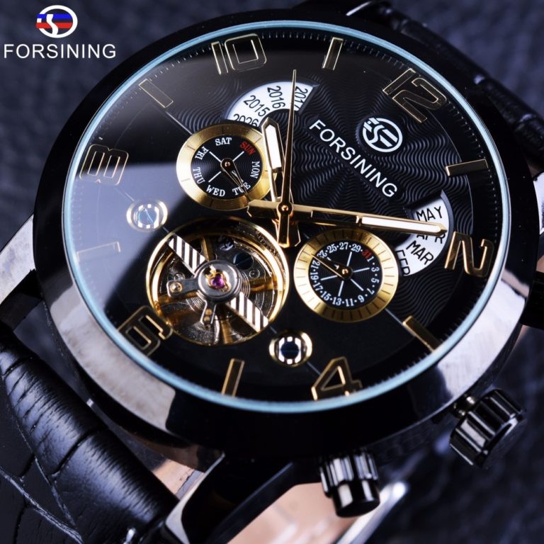 Forsining Tourbillion Black Golden Wave Dial Fashion Casual Design Men Watch Top Brand Mechanical Automatic Wrist Watch For Men 1 Forsining Tourbillion Black Golden Wave Dial Fashion Casual Design Men Watch