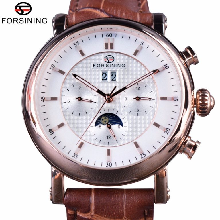 Forsining Luxury Rose Golden Series Moon Phase Calendar Design Clock