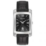 Bulova Men's Stainless Steel Analog-Quartz Watch with Leather-Crocodile Strap, Black, 20 (Model: 96B269)