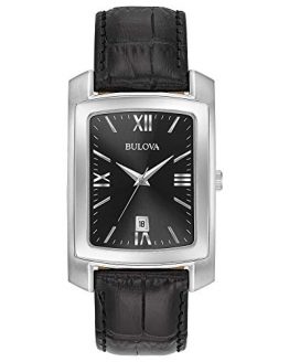 Bulova Men's Stainless Steel Analog-Quartz Watch with Leather-Crocodile Strap, Black, 20 (Model: 96B269)