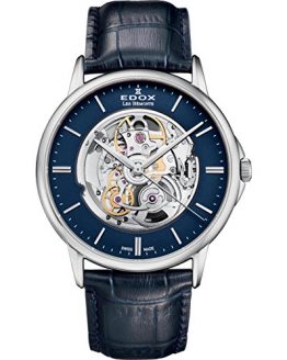 Edox Men's Les Bemonts Stainless Steel Swiss-Automatic Watch with Leather Strap, Blue, 22 (Model: 85300 3 BUIN)