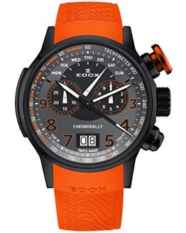 Edox Men's Chronorally 48mm Orange Leather Band Titanium Case Quartz Black Dial Watch 38001 TINNO3 NO3