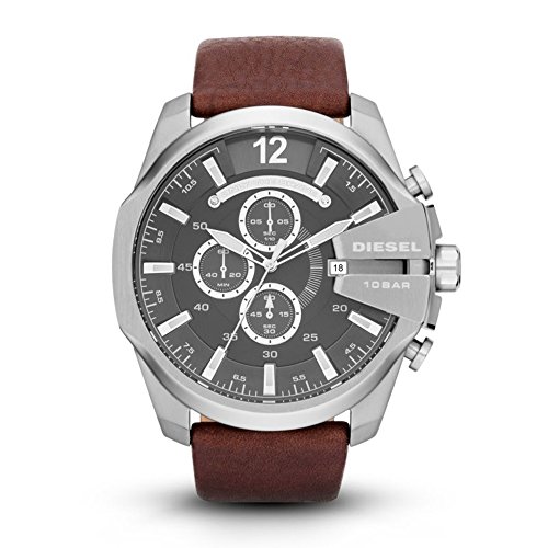 Diesel Men's Mega Chief Quartz Stainless Steel and Leather Chronograph Watch, Color: Silver-Tone, Brown (Model: DZ4290)