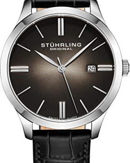 Stuhrling Original Classic Cuvette II Mens Black Watch - Swiss Quartz Analog Date Wrist Watch for Men - Stainless Steel Mens Designer Watch with Black Leather Strap 490.33151
