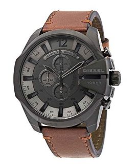 Diesel Men's Mega Chief Stainless Steel Japanese-Quartz Watch with Leather Calfskin Strap, Brown, 26 (Model: DZ4463)