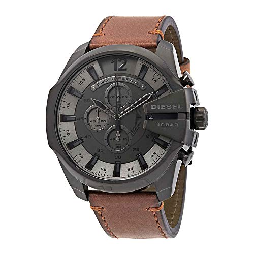 Diesel Men's Mega Chief Stainless Steel Japanese-Quartz Watch with Leather Calfskin Strap, Brown, 26 (Model: DZ4463)