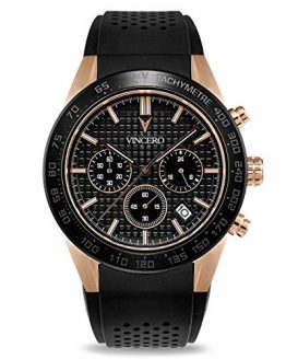 Vincero Luxury Men's Rogue Wrist Watch - Silicone Watch Band - 43mm Chronograph Watch - Japanese Quartz Movement (Black + Rose Gold)