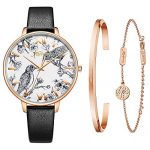 Kaifanxi Women's Quartz Wristwatch Elegant Bird Dial Design with Flowers Gift Bracelet for Ladies Sapphire Crystal Glass and Soft Leather Strap (Black)