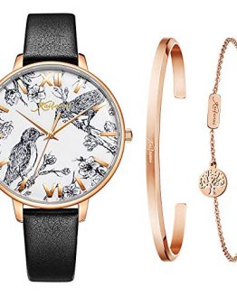 Kaifanxi Women's Quartz Wristwatch Elegant Bird Dial Design with Flowers Gift Bracelet for Ladies Sapphire Crystal Glass and Soft Leather Strap (Black)