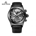 Reef Tiger Unique Black Wrist Watch with Date Skeleton Dial Chronograph RGA792
