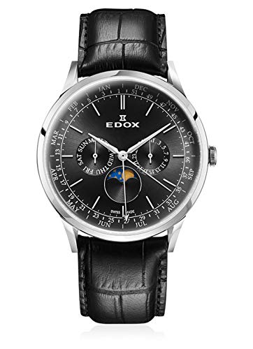 Edox Gents-Wristwatch Les Vauberts Moon Phase Complication Complete Calendar Analog Quartz 40101 3C NIN