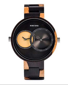 BOBO BIRD Watch Men 2 Time Zone Wooden Quartz Watch Lover Wristwatches in Wooden Box,Yellow