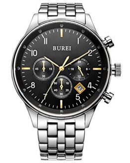 BUREI Men's Multifunction Chronograph Wrist Watch Stainless Steel Bracelet Sapphire Father's Day Gifts (Black-Gold)