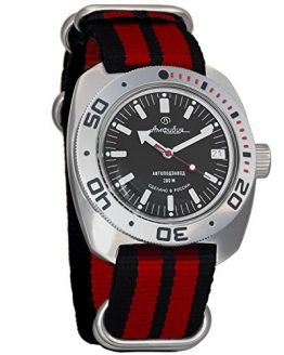 Vostok Amphibian Automatic Mens Wristwatch Self-Winding Military Diver Amphibia Ministry Case Wrist Watch #710662 (Black+red)