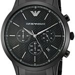 Emporio Armani AR2485 Chronograph Watch featuring a matte black herringbone dial, brushed black steel bracelet, and analog-quartz movement.