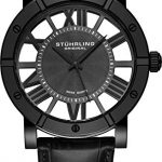 Stuhrling Original Winchester Mens Black Watch - Swiss Quartz Analog Date Wrist Watch for Men - Black IP Stainless Steel Mens Designer Watch with Black Genuine Leather Strap 881.03