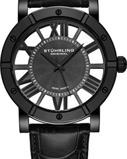 Stuhrling Original Winchester Mens Black Watch - Swiss Quartz Analog Date Wrist Watch for Men - Black IP Stainless Steel Mens Designer Watch with Black Genuine Leather Strap 881.03