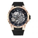 Huboler Skeleton Automatic Watch featuring a 45mm stainless steel case, gold and black dial with luminous hands, and a comfortable rubber strap. 