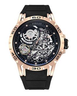 Huboler Men's Gold Black Skeleton Automatic Mechanical Watch with Stainless Steel Strap - A Timeless Masterpiece.