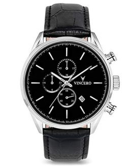 Vincero Luxury Men's Chrono S Wrist Watch - Top Grain Italian Leather Watch Band - 43mm Chronograph Watch - Japanese Quartz Movement (Black/Silver)