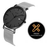 BUREI Personalized Men Watch Text Customization DIY Slim Quartz Wrist Watch and Stainless Steel Mesh Band Especial Gift for Loved Ones (Dark Grey-Silver)