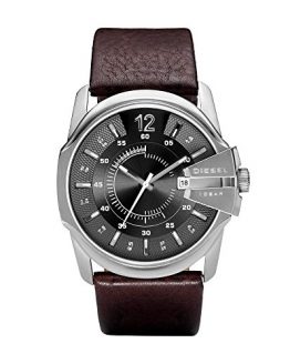 Diesel Men's Master Chief Quartz Stainless Steel and Leather Casual Watch, Color: Silver-Tone, Brown (Model: DZ1206)