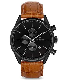 Vincero Luxury Men's Chrono S Wrist Watch - Top Grain Italian Leather Watch Band - 43mm Chronograph Watch - Japanese Quartz Movement (Matte Black/Tan)