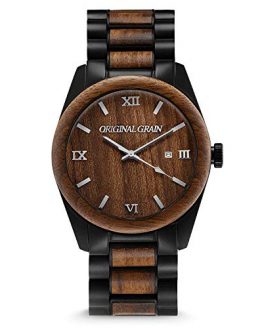 Original Grain Ebony Black Wood Watch - Classic Collection Analog Watch - Japanese Quartz Movement - Wood and Matte Black Stainless Steel - Water Resistant - Wrist Watch for Men - 43MM