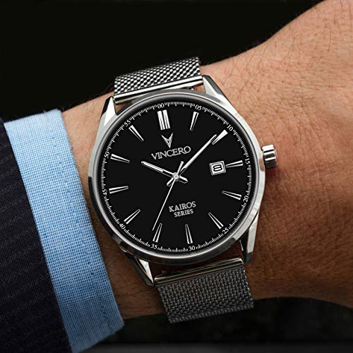 Vincero Luxury Men's Kairos Wrist Watch - Mesh Watch Band - 42mm Analog Watch - Japanese Quartz Movement (Black/Silver) 2 Vincero Luxury Men's Kairos Wrist Watch, Mesh Band