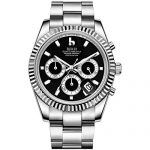 BUREI Mens Chronograph Watch Luxury Quartz Wrist Watches Black Dial Calendar Display Sapphire Crystal Lens with Silver Stainless Steel Band 