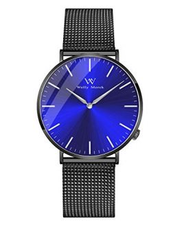 Welly Merck Wrist Watch for Men Swiss Movement Sapphire Crystal 42mm Blue Sunray Dial Men Luxury Watch Minimalist Ultra Thin Slim Analog Wrist Watch with Mesh Band 5ATM Water Resistant