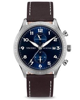 Vincero Luxury Men's Pilot Wrist Watch - Top Grain Italian Leather Watch Band - 44mm Analog Watch - Japanese Quartz Movement (Blue/Silver)