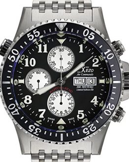 Xezo Men's Air Commando Diver, Pilot Swiss Automatic Valjoux 7750 Chronograph Wrist Watch. 2nd Time Zone. All Solid Steel. Diamond-Cut Numbers. Waterproof 30 Bars