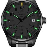 PASOY Men's Self-Luminous Watches Green/Blue Light Up to 25 Years Sapphire Glass Waterproof Sapphire Glass Silver Stainless Steel Quartz Wrist Watches (Full Black with Green Light)
