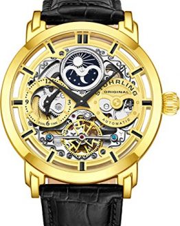 Stuhrling Original Mens Automatic-Self-Wind Luxury Dress Skeleton Dual Time Gold-Tone Wrist-Watch 22 Jewels 47 mm Stainless Steel Case Decorative Exposed Back Embossed Supple Genuine Leather Strap