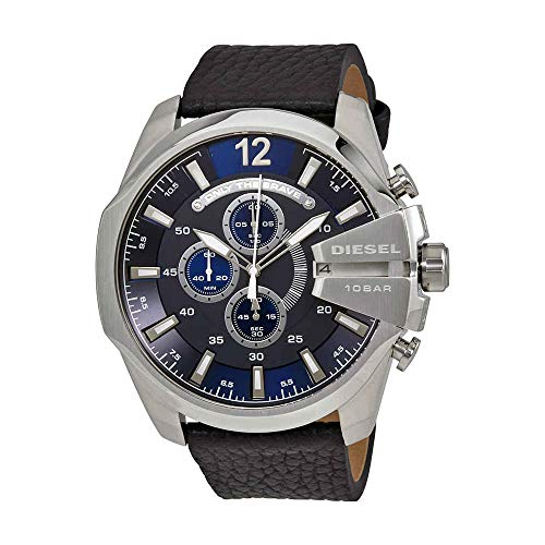 Diesel Men's Mega Chief Quartz Stainless Steel and Leather Chronograph Watch, Color: Silver-Tone, Black (Model: DZ4423)