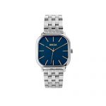 A silver square BREDA Visser Watch featuring a navy brushed dial with gold hands, complemented by a stainless steel five-link bracelet. 
