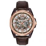 Bulova Men's Mechanical Hand Wind Stainless Steel and Leather Dress Watch, Color:Brown (Model: 98A165)